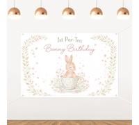 Par-Tea Bunny 1st Birthday Backdrop,Sage Green Floral Bunny in 1st Birthday Party Decorations,Sweet Bunny Themed Photo Background for Girl 1st Birthday Party Supplies