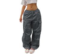 Parachute Cargo Pants for Women with Multi Pockets Drawstring Wide Leg Elastic Waist Baggy Ruched Hiking Pants Y2K Hippie Streetwear Cargo Combat Work Pants Grey