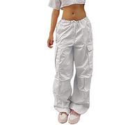 Parachute Cargo Pants for Women with Multi Pockets Drawstring Wide Leg Elastic Waist Baggy Ruched Hiking Pants Y2K Hippie Streetwear Cargo Combat Work Pants