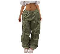Parachute Cargo Pants for Women with Multi Pockets Drawstring Wide Leg Elastic Waist Baggy Ruched Hiking Pants Y2K Hippie Streetwear Cargo Combat Work Pants Green