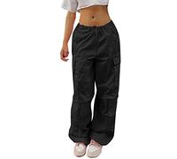 Parachute Cargo Pants for Women with Multi Pockets Drawstring Wide Leg Elastic Waist Baggy Ruched Hiking Pants Y2K Hippie Streetwear Cargo Combat Work Pants