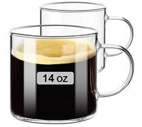 PARACITY Clear Glass Mugs Set of 2, 420ml Large Glass Coffee/Tea Cups with Handle, Hot/Cold Drink, Latte, Cappuccino, Tea, Juice, Beer