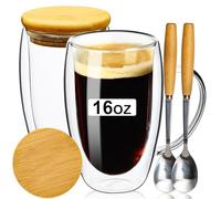 PARACITY Double Wall Glass Coffee Mugs 16OZ with Bamboo Lid/Spoon, Glass Coffee Cups Set of 2 with Handle, Insulated Clear Coffee Mug, Perfect for Latte, Espresso, Hot Beverage, Tea