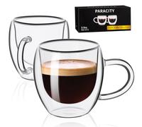 PARACITY Espresso Cups Set of 2 180ml 6OZ, Double Walled Insulated Glass Coffee Mugs, Latte Glasses with Handle, Clear Glass Coffee Cups Travel Camping for Cappuccino/Latte/Tea/Shots