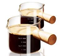 PARACITY Espresso Cups with Wood Handle Set of 2, Double Spout Glass Espresso Coffee Cup with Dual Scale, Espresso Cup with V-Shaped Mouth, Clear Glass Espresso Accessories 75ML