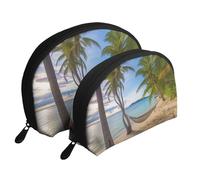 Paradise Beach Palm Trees Portable Shell Makeup Bag Set (2 Pieces), Zippered Travel Toiletry Bag for Cosmetics