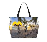 Paradise Beach Palm Trees Print Large Waterproof Beach Tote Bag for Women with Zip and Pockets Foldable Handbag for Travel Pool Shopping Holiday Gym
