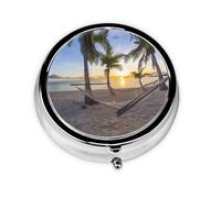Paradise Beach Palm Trees This Small, Round Pill Box is a Portable Travel Medicine Organizer with Three compartments for Storing Daily medications.