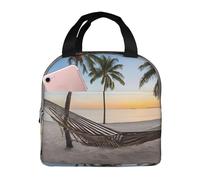 Paradise Beach With Hammock Coconut Palm Trees Lunch Bag With Fullprint Design Lightweight Insulated Bag For Food Storage, 8x5 Inch Front Pocket Multi-Use Bag For Work, Outdoor, Beach, And Picnic