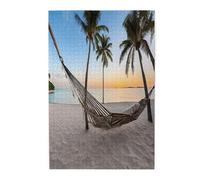 Paradise Beach with Hammock Coconut Palm Trees -Print 1000 Piece Picture Puzzle -Wooden,Family-Friendly Fun For All Ages,For Relaxation And Gift-Giving.