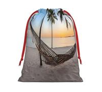 Paradise Beach with Hammock Coconut Palm Trees -Print Drawstring Gifts Bags L Size - Soft Flannel Fabric Reusable For Wedding Party Favors Gifts Packaging