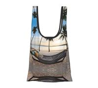 Paradise Beach with Hammock Coconut Palm Trees Print Foldable Reusable Grocery Bag Lightweight Shopping Tote for Groceries Travel Beach Eco-Friendly Compact Adventure Tote