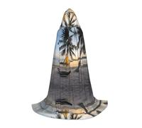 (Paradise Beach with Hammock Coconut Palm Trees) Print Hooded Cape For Teenagers Costume Party, Halloween Hooded Cape Soft and Elastic,S