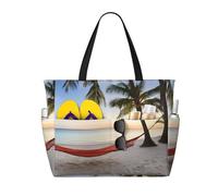 Paradise Beach with Hammock Coconut Palm Trees Print Large Waterproof Beach Tote Bag for Women with Zip and Pockets Foldable Handbag for Travel Pool Shopping Holiday Gym