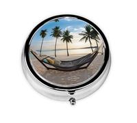 Paradise Beach with Hammock Coconut Palm Trees Print Mini Metal Pill Box 2.0x2.0x0.7 in Round Travel Medicine Pill Organizer Box for Purse Pocket