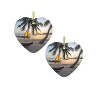 Paradise Beach with Hammock Coconut Palm Trees Print Xmas Ornaments, Christmas ceramic love pendant Hanging for Xmas Tree Home Indoor Outdoor Decor