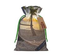 Paradise Beach with Hammock Coconut Palm Trees Printed Christmas Drawstring Bags with Green Ribbon - Reusable Burlap Drawstring Gift Pouches, S