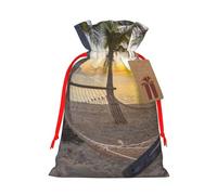 Paradise Beach with Hammock Coconut Palm Trees Printed Christmas Drawstring Bags with Red Ribbon - Reusable Burlap Drawstring Gift Pouches, M