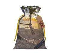 Paradise Beach with Hammock Coconut Palm Trees Printed Christmas Drawstring Bags with Yellow Christmas Ribbon - Reusable Burlap Drawstring Gift Pouches, M