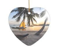 Paradise Beach with Hammock Coconut Palm Trees Printed Heart Shape Xmas Ornaments 1PCS, Christmas Acrylic Pendant Hanging for Xmas Tree Home Indoor Outdoor Decor 1