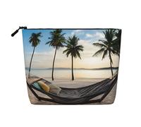 Paradise Beach with Hammock Coconut Palm Trees Single Layer Linen Like Makeup Bag, Lightweight and Cute, Easy to Use