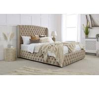 PARADISE BEDS LTD Luxury High Headboard Button Ottoman Bed Frame with Gas Lift Storage in Beige | Size: King PARADISE BEDS LTD Beige King