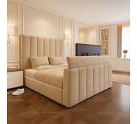 PARADISE BEDS LTD Raya Velvet Upholstered TV Ottoman - Bed Frame in Beige | Size: Double PARADISE BEDS LTD Beige Double