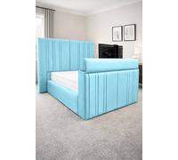 PARADISE BEDS LTD Smart Screen Velvet Upholstered Smart TV Bed Frame - Plush Velvet in Light Blue | Size: Super King PARADISE BEDS LTD Light Blue Super King