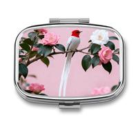 Paradise Flycatcher on Camellia Pill Box - 2 Compartment Travel Pill Organizer with Small Mirror, Portable Pillcase for Pocket & Purse, Cute Square Medicine Case, Weekly Medicine Container