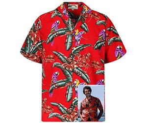 Paradise Found Mens Jungle Bird Tom Selleck Magnum PI Rayon Shirt, Red, XL
