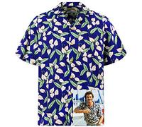 Paradise Found Tom Selleck Original Hawaiian Shirt, Shortsleeve, Green Leaves on Blue New, Blue, M