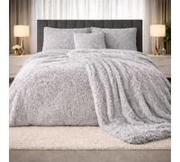 PARADISE STAR Teddy Bear Cuddles Fleece Duvet Cover Set - Alaska Luxury Faux Fur Bedding with Matching Pillowcases, Super Soft Warm Plush Winter Quilt Cover Bed (Silver, Superking)