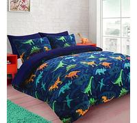 PARADISE STAR Teddy Fleece Duvet Quilt Cover Bedding Set Printed Animals With Matching Pillowcase Thermal Warm and Cosy Dinosaur Blue Double 200cm x 200cm Approximate