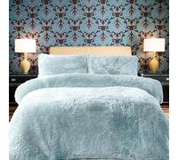PARADISE STAR Teddy Fleece Duvet Quilt Cover Bedding Set With Matching Pillowcase Fluffy Thermal Warm and Cosy Duck Egg Superking 260cm x 220cm Approximate