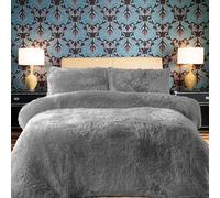 PARADISE STAR Teddy Fleece Duvet Quilt Cover Bedding Set With Matching Pillowcase Fluffy Thermal Warm and Cosy Silver Double 200cm x 200cm Approximate