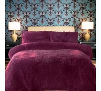 PARADISE STAR Teddy Fleece Duvet Quilt Cover Bedding Set With Matching Pillowcase Fluffy Thermal Warm and Cosy Plum Double 200cm x 200cm Approximate