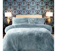PARADISE STAR Teddy Fleece Duvet Quilt Cover Bedding Set With Matching Pillowcase Fluffy Thermal Warm and Cosy Mid Blue Superking 260cm x 220cm Approximate