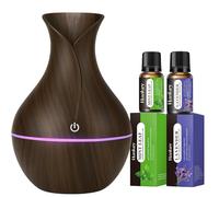 Parahon Dark Wood Aroma Diffuser 130ml Ultrasonic Aromatherapy Diffuser with 7 Colour LED Light, Humidifier & Essential Oils Includes Lavender & Mint Leaf Scents, BPA-Free Quiet Mist Diffuser