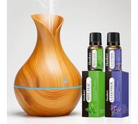 Parahon Wood Aroma Diffuser 130ml - Ultrasonic Aromatherapy Diffuser with 7 Colour LED Light, 2 Essential Oils - Includes Lavender & Mint Leaf Scents, BPA-Free (Light Wood Grain)