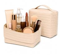 Parallel Fold Down Large Capacity Makeup Bag for Women, Foldable Travel Makeup Organizer with Compartments, Lay Flat Waterproof Cosmetic Toiletry Bag for Brushes and Skincare, Cream Beige (Peach)