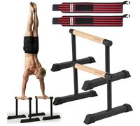 Parallettes Bars for Calisthenics with Wooden Beech Handles | Wrist Support Wrap Included | Heavy-Duty Steel Base | Push-Up, L-Sit, Planche & Handstand Training Bars for Home, Outdoor & Gym Use