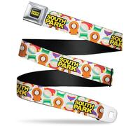 Paramount Network Belt, Seatbelt Buckle Belt, South Park Title Logo and Characters Scattered White, Adjustable, Multi-color, 1.5" Wide - Fits Pant Size 32-52