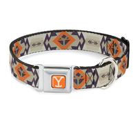 Paramount Network Pet Collar, Dog Collar Metal Seatbelt Buckle, Yellowstone Y Logo Native American Tribal Tans Blue Orange, 13 to 17 Inches 1.5 Inch Wide