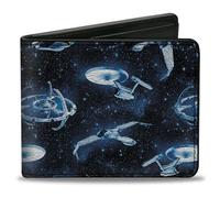 Paramount Network Wallet, Bifold, Star Trek Spaceship Fleet in Space and Title Logo Blues, Vegan Leather, Blue, 4.0" x 3.5", Casual