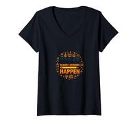 Paras Make Learning Happen Inspiring Teacher Gift V-Neck T-Shirt, Women, Black, XL