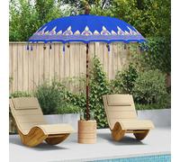 Parasol Blue Cotton Canopy 215x215cm Solid Wood Pole Hand-Carved Balinese Unique