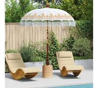 Parasol Cream Ø190cm Cotton Canopy Solid Wood Pole, Hand-Carved Balinese Fringe