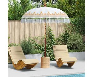 Parasol Cream Ø190cm Cotton Canopy Solid Wood Pole, Hand-Carved Balinese Fringe