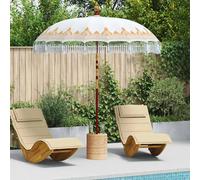 Parasol Cream Cotton Round 215x215x260cm Solid Wood Pole Hand-Carved Trim Fringe