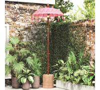 Parasol Round Pink Cotton & Wood 125x125x260cm Hand-Carved Pole Tassels Generous
